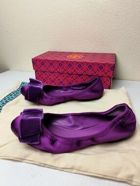 Tory Burch Viola 7.5M Bow Ballet Flat Satin/Velvet Spiced Plum